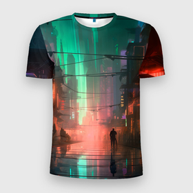 Мужская футболка 3D Slim с принтом Кибер город будущего в Санкт-Петербурге, 100% полиэстер с улучшенными характеристиками | приталенный силуэт, круглая горловина, широкие плечи, сужается к линии бедра | 