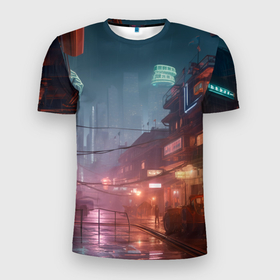 Мужская футболка 3D Slim с принтом Киберпанк город будущего в Санкт-Петербурге, 100% полиэстер с улучшенными характеристиками | приталенный силуэт, круглая горловина, широкие плечи, сужается к линии бедра | 