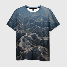 Мужская футболка 3D с принтом Туман и скалы в Новосибирске, 100% полиэфир | прямой крой, круглый вырез горловины, длина до линии бедер | 