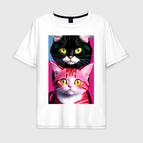 Мужская футболка хлопок Oversize с принтом Два кота вместе в Новосибирске, 100% хлопок | свободный крой, круглый ворот, “спинка” длиннее передней части | 