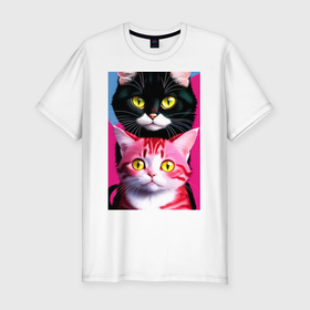 Мужская футболка хлопок Slim с принтом Два кота вместе в Санкт-Петербурге, 92% хлопок, 8% лайкра | приталенный силуэт, круглый вырез ворота, длина до линии бедра, короткий рукав | 