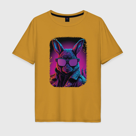 Мужская футболка хлопок Oversize с принтом Neon Rabbit Style в Курске, 100% хлопок | свободный крой, круглый ворот, “спинка” длиннее передней части | Тематика изображения на принте: 
