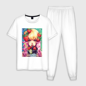 Мужская пижама хлопок с принтом Девушка с  фруктами в Тюмени, 100% хлопок | брюки и футболка прямого кроя, без карманов, на брюках мягкая резинка на поясе и по низу штанин
 | 