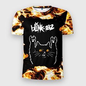Мужская футболка 3D Slim с принтом Blink 182 рок кот и огонь в Белгороде, 100% полиэстер с улучшенными характеристиками | приталенный силуэт, круглая горловина, широкие плечи, сужается к линии бедра | 