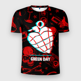 Мужская футболка 3D Slim с принтом Green Day rock glitch в Новосибирске, 100% полиэстер с улучшенными характеристиками | приталенный силуэт, круглая горловина, широкие плечи, сужается к линии бедра | 