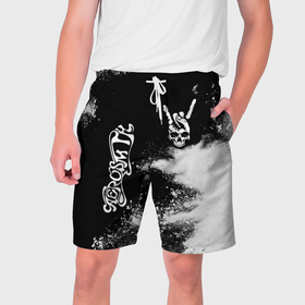 Мужские шорты 3D с принтом Aerosmith и рок символ на темном фоне в Тюмени,  полиэстер 100% | прямой крой, два кармана без застежек по бокам. Мягкая трикотажная резинка на поясе, внутри которой широкие завязки. Длина чуть выше колен | 