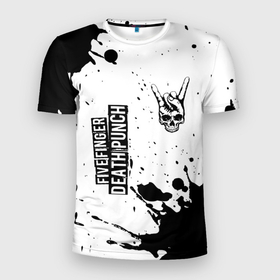 Мужская футболка 3D Slim с принтом Five Finger Death Punch и рок символ на светлом фоне в Новосибирске, 100% полиэстер с улучшенными характеристиками | приталенный силуэт, круглая горловина, широкие плечи, сужается к линии бедра | 
