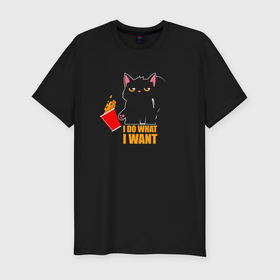 Мужская футболка хлопок Slim с принтом I do what i want   котик в Белгороде, 92% хлопок, 8% лайкра | приталенный силуэт, круглый вырез ворота, длина до линии бедра, короткий рукав | 
