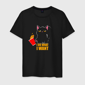 Мужская футболка хлопок с принтом I do what i want   котик , 100% хлопок | прямой крой, круглый вырез горловины, длина до линии бедер, слегка спущенное плечо. | Тематика изображения на принте: 