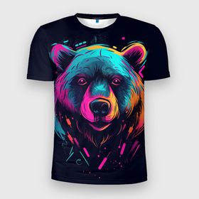 Мужская футболка 3D Slim с принтом Яркий медведь: арт нейросети в Санкт-Петербурге, 100% полиэстер с улучшенными характеристиками | приталенный силуэт, круглая горловина, широкие плечи, сужается к линии бедра | 