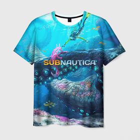 Мужская футболка 3D с принтом Подводный мир сабнавтики в Курске, 100% полиэфир | прямой крой, круглый вырез горловины, длина до линии бедер | 