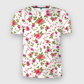 Мужская футболка 3D Slim с принтом розовые цветы на белом фоне в Екатеринбурге, 100% полиэстер с улучшенными характеристиками | приталенный силуэт, круглая горловина, широкие плечи, сужается к линии бедра | Тематика изображения на принте: 