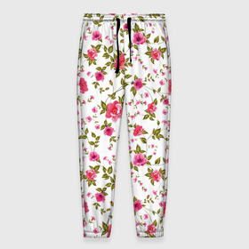 Мужские брюки 3D с принтом розовые цветы на белом фоне в Екатеринбурге, 100% полиэстер | манжеты по низу, эластичный пояс регулируется шнурком, по бокам два кармана без застежек, внутренняя часть кармана из мелкой сетки | 