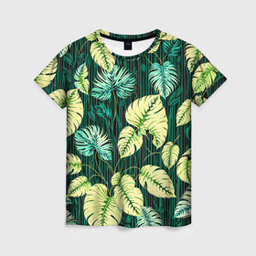 Женская футболка 3D с принтом Листья узор тропический , 100% полиэфир ( синтетическое хлопкоподобное полотно) | прямой крой, круглый вырез горловины, длина до линии бедер | 