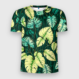 Мужская футболка 3D Slim с принтом Листья узор тропический , 100% полиэстер с улучшенными характеристиками | приталенный силуэт, круглая горловина, широкие плечи, сужается к линии бедра | 