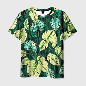 Мужская футболка 3D с принтом Листья узор тропический , 100% полиэфир | прямой крой, круглый вырез горловины, длина до линии бедер | 