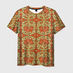 Мужская футболка 3D с принтом Красно золотой средневековый узор в Санкт-Петербурге, 100% полиэфир | прямой крой, круглый вырез горловины, длина до линии бедер | 