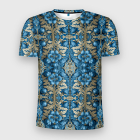Мужская футболка 3D Slim с принтом Сине золотой цветочный узор в Белгороде, 100% полиэстер с улучшенными характеристиками | приталенный силуэт, круглая горловина, широкие плечи, сужается к линии бедра | 