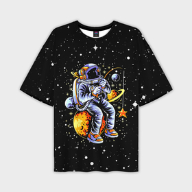 Мужская футболка oversize 3D с принтом Космонавт на рыбалке   неон ,  |  | 