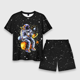 Мужской костюм с шортами 3D с принтом Космонавт на рыбалке   неон ,  |  | 
