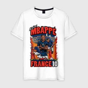 Мужская футболка хлопок с принтом Килиан Мбаппе Франция 10 в Петрозаводске, 100% хлопок | прямой крой, круглый вырез горловины, длина до линии бедер, слегка спущенное плечо. | 