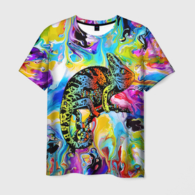 Мужская футболка 3D с принтом Маскировка хамелеона на фоне ярких красок , 100% полиэфир | прямой крой, круглый вырез горловины, длина до линии бедер | 