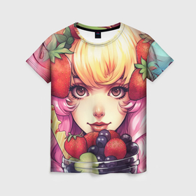 Женская футболка 3D с принтом Блондинка с ягодами , 100% полиэфир ( синтетическое хлопкоподобное полотно) | прямой крой, круглый вырез горловины, длина до линии бедер | 
