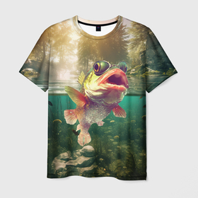 Мужская футболка 3D с принтом Карп  в озере , 100% полиэфир | прямой крой, круглый вырез горловины, длина до линии бедер | 