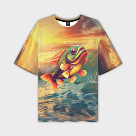 Мужская футболка oversize 3D с принтом Карп выпрыгивает из воды ,  |  | 