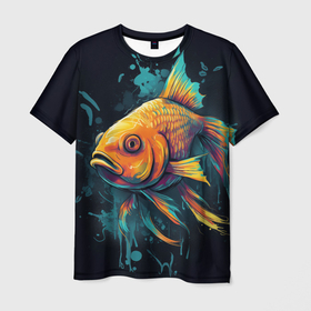 Мужская футболка 3D с принтом Золотая рыбка: арт нейросети , 100% полиэфир | прямой крой, круглый вырез горловины, длина до линии бедер | 