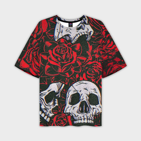 Мужская футболка oversize 3D с принтом Красные розы и черепа в Курске,  |  | Тематика изображения на принте: 
