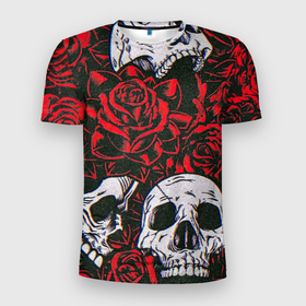 Мужская футболка 3D Slim с принтом Красные розы и черепа в Курске, 100% полиэстер с улучшенными характеристиками | приталенный силуэт, круглая горловина, широкие плечи, сужается к линии бедра | Тематика изображения на принте: 