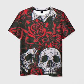Мужская футболка 3D с принтом Красные розы и черепа , 100% полиэфир | прямой крой, круглый вырез горловины, длина до линии бедер | 