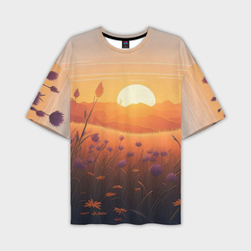 Мужская футболка oversize 3D с принтом Закат в цветочном поле в Екатеринбурге,  |  | 