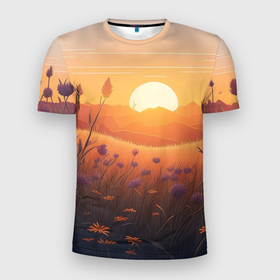 Мужская футболка 3D Slim с принтом Закат в цветочном поле в Тюмени, 100% полиэстер с улучшенными характеристиками | приталенный силуэт, круглая горловина, широкие плечи, сужается к линии бедра | 