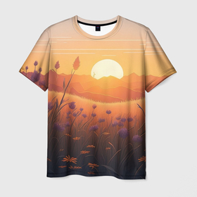Мужская футболка 3D с принтом Закат в цветочном поле в Тюмени, 100% полиэфир | прямой крой, круглый вырез горловины, длина до линии бедер | Тематика изображения на принте: 