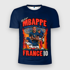 Мужская футболка 3D Slim с принтом Килиан Мбаппе сборная Франции 10 в Кировске, 100% полиэстер с улучшенными характеристиками | приталенный силуэт, круглая горловина, широкие плечи, сужается к линии бедра | 