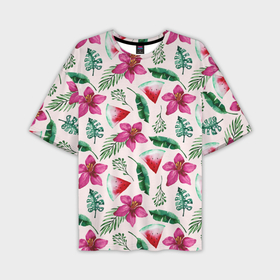 Мужская футболка oversize 3D с принтом Арбузы, цветы и тропические листья в Санкт-Петербурге,  |  | Тематика изображения на принте: 