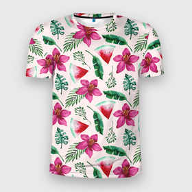 Мужская футболка 3D Slim с принтом Арбузы, цветы и тропические листья в Белгороде, 100% полиэстер с улучшенными характеристиками | приталенный силуэт, круглая горловина, широкие плечи, сужается к линии бедра | Тематика изображения на принте: 