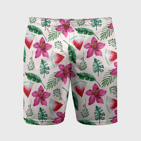 Мужские шорты спортивные с принтом Арбузы, цветы и тропические листья в Курске,  |  | 