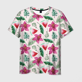 Мужская футболка 3D с принтом Арбузы, цветы и тропические листья в Белгороде, 100% полиэфир | прямой крой, круглый вырез горловины, длина до линии бедер | Тематика изображения на принте: 