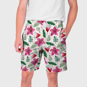 Мужские шорты 3D с принтом Арбузы, цветы и тропические листья в Тюмени,  полиэстер 100% | прямой крой, два кармана без застежек по бокам. Мягкая трикотажная резинка на поясе, внутри которой широкие завязки. Длина чуть выше колен | 