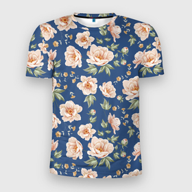Мужская футболка 3D Slim с принтом розовые пионы на синем фоне в Курске, 100% полиэстер с улучшенными характеристиками | приталенный силуэт, круглая горловина, широкие плечи, сужается к линии бедра | Тематика изображения на принте: 
