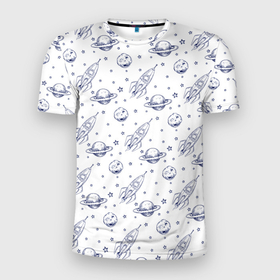 Мужская футболка 3D Slim с принтом Ракеты и астероиды в Кировске, 100% полиэстер с улучшенными характеристиками | приталенный силуэт, круглая горловина, широкие плечи, сужается к линии бедра | 