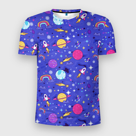 Мужская футболка 3D Slim с принтом Планеты и кометы в Екатеринбурге, 100% полиэстер с улучшенными характеристиками | приталенный силуэт, круглая горловина, широкие плечи, сужается к линии бедра | 