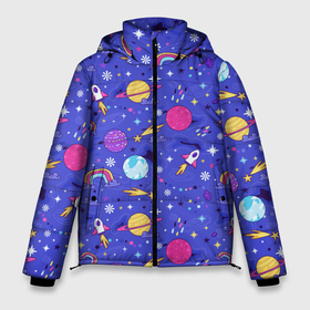 Мужская зимняя куртка 3D с принтом Планеты и кометы в Екатеринбурге, верх — 100% полиэстер; подкладка — 100% полиэстер; утеплитель — 100% полиэстер | длина ниже бедра, свободный силуэт Оверсайз. Есть воротник-стойка, отстегивающийся капюшон и ветрозащитная планка. 

Боковые карманы с листочкой на кнопках и внутренний карман на молнии. | 