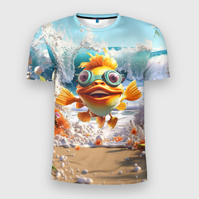 Мужская футболка 3D Slim с принтом Веселая рыбка в очках в Курске, 100% полиэстер с улучшенными характеристиками | приталенный силуэт, круглая горловина, широкие плечи, сужается к линии бедра | 