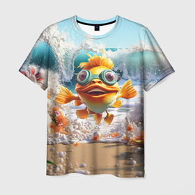 Мужская футболка 3D с принтом Веселая рыбка в очках в Курске, 100% полиэфир | прямой крой, круглый вырез горловины, длина до линии бедер | 