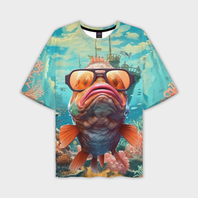 Мужская футболка oversize 3D с принтом Огромный  карп  в очках в Кировске,  |  | 