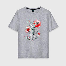 Женская футболка хлопок Oversize с принтом Акварельные красные цветы и линер в Петрозаводске, 100% хлопок | свободный крой, круглый ворот, спущенный рукав, длина до линии бедер
 | 